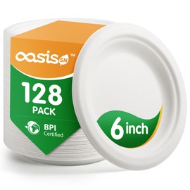 OasisSN [6 Inch, 128-Pack Compostable Paper Plates, Heavy-Duty Biodegradable Disposable Dish Made from Bagasse, Perfeck for Snacks, Desserts, Party, Wedding and More (BPI Certified)