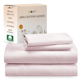 California Design Den Soft 100% Cotton Queen Sheet Set, Sateen Sheets Queen Size Bed Set, Cooling Sheets - Pink