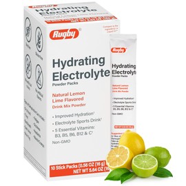 Rugby Hydrating Electrolyte Powder Packs - Drink Mix Powder Packets with 5 Vitamins - Improved Hydration - Natural Lemon-Lime Flavor - 10 Stick Packs - 0.56 Oz Each (1 Pack)