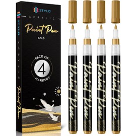 Stylo 4 Count Acrylic Metallic Pens - Gold Paint Pens - Fine Tip Permanent Acrylic Metallic Paint Markers for Rock Painting, Glass, Wood, Ideal for Arts and Crafts (Pack of 4, Gold)