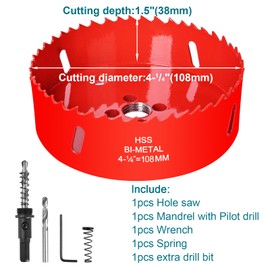 4-1/4Inch / 108mm Hole Saw for Wood, Plastic Board, Ceiling,Drywall, PVC Boards, Fiberglas and Metal Sheet - HSS Bi-Metal Hole Cutter with Pilot Drill Bit