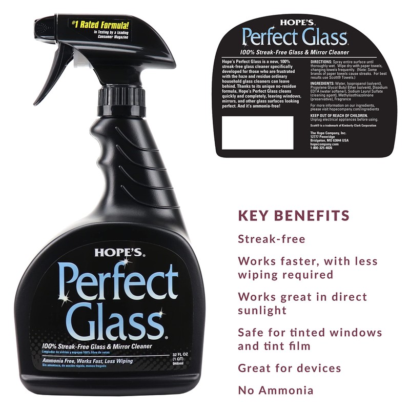HOPE'S Perfect Glass Cleaner, Streak-Free, Ammonia-Free Window, Mirror, Screen, and