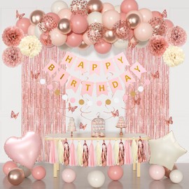 Pink Birthday Party Decorations, Dusty Pink Sand Confetti Rose Gold Balloons Happy Birthday Banner Fringe Curtains Butterfly Hanging Swirls Circle Dots Tassels Pom Women Girls 16th 21st 30th 40th Her