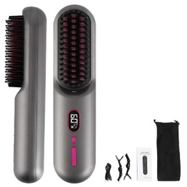 Zorpupoa Cordless Hair Straightener Brush, Mini Portable Rechargeable Straightening Brush, Negative Ionic Hot Comb Straightener with 12 Temp Settings, Auto-Off, Led Display for Women (Black)