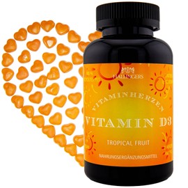 Hallingers Vitamin D3 - Vitaminherzen Tropical Fruit 120 vegane Gummies 1000 IE Vitamin D3 hochdosiert, 25 mcg pro Herz (Dose) - Ostergeschenke Osterkörbchen Ostereier & als Osterdeko | Geburtstag Glü