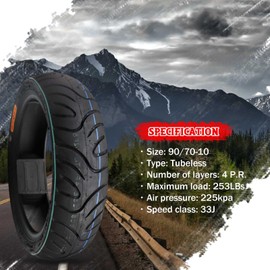 90/70-10 Bike Tire 90 70 10 Bicycle Tubeless Pneumatic Neumático Black Tyre for Front and Rear 33J 4 P.R.