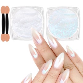 Allstarry White Pearl Chrome Nail Powder, 2 Colors Aurora Powder Metallic Mirror Effect Glitter Powder Pearlescent Ice Transparent Mermaid Pigment Dust for Gel Polish Nail Art- White Pearl Peacock