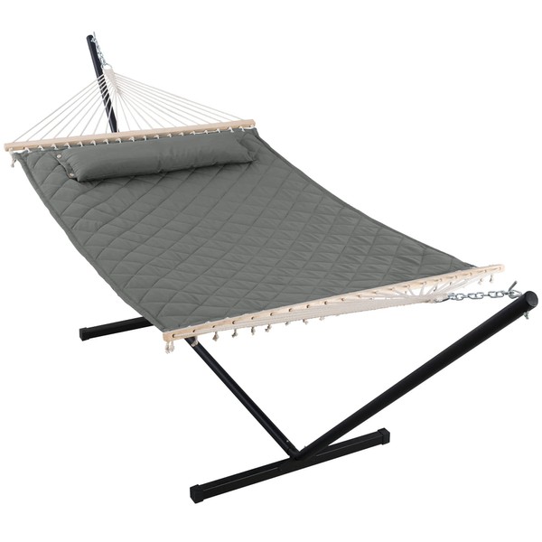 ANOW Double Hammock with 12FT Heavy Duty Steel Stand Included, 2 Person Hammock with Stand for Outdoors Indoors, 450 LBS Weight Capacity, Gray