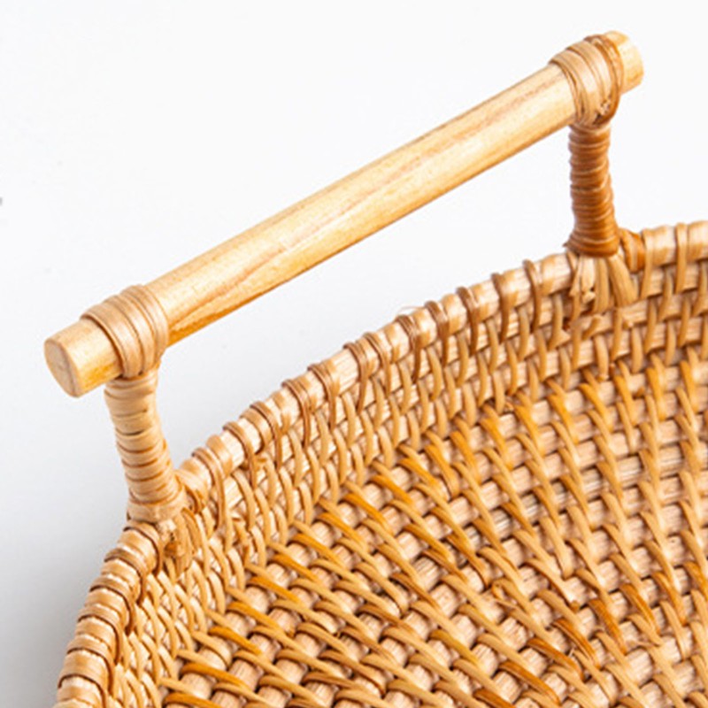 Hand Woven Round Rattan Serving Tray Bread Fruit Dessert Snack