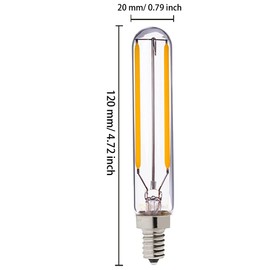 E12 T20 Vintage LED Light Bulb 2W Dimmable Tubular Edison Bulb 120mm Long Filament Tube Lamp Antique COB Candelabra Light for Cabinet Display Cabinet 2200K Warm White, AC 110V, Clear Glass, 4 Pack