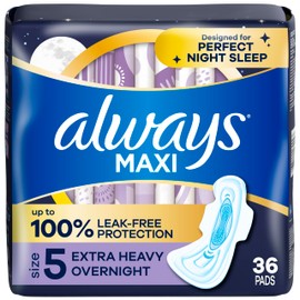 Always Maxi Overnight Pads with Wings for Women, Size 5, Extra Heavy Overnight Absorbency, Unscented, 36 Count