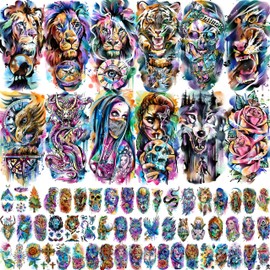 66 Sheets Watercolor Temporary Tattoos For Men Women Forearm Shoulder Legs Body Arm, 12 Sheets Long Lasting Lion Tiger Wolf Dragon Ealge Fake Tattoo Sleeve Adults, 54 Sheets Groovy Small Tatoos Kids