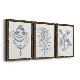 Wall Décor, Livingroom Wall Art,Modern, Industrial, Cape Cod, Colonial, Garden, Geometric, Walnut Barnwood Framed Canvas, 3 Piece Set, Indigo Botany Study I 17X20