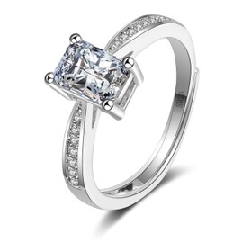 Tobestu Silver Color Emerald Cut Cubic Zirconia Rectangular CZ Solitaire Wedding Promise Engagement Ring Adjustable for Women Y1210