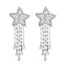 Kercisbeauty Statement Silver Stars Stud CZ Rhinestones Tassel Dangle Drop Earrings for Women Girls Ladies Dressy Jewelry