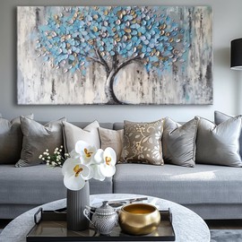 Blue Tree Canvas Wall Art - Modern Botanical Paintings for Living Room, Bedroom Wall Decor, Framed Wall Art for Home or Office Decoration, Large Wall Art 50x100cm(20x40in)