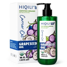 HIQILI 16 Fl Oz Organic Grapeseed Oil for Hair, for Skin, Carrier Oil for Essential Oils Mixing, 100% Pure & Natural-473ML