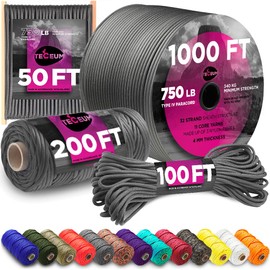 TECEUM Paracord Type IV 750 lb Dark Grey – 200 ft – 4mm – 100% Nylon Strong Tactical MIL–SPEC Parachute Cord – Survival Rope Emergency para Cord 11 Strands Core EDC Camping Hiking Military Gear 030a