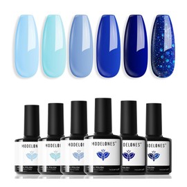 modelones Blue Gel Nail Polish Set 6 Colors, Royal Blue Sky Blue Glitter Navy Blue Nail Gel Polish Kit Light to Dark Shades Soak Off Pastel Spring Nail Art Gel Salon DIY Manicure Gift for Women Girl
