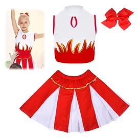DOWNDRIFT Cheerleader Costume Red Children, Cheerleader Costumes for Children, Cheerleading Costume Children with Hair Accessories, Children's Cheerleading Outfit, Carnival Costume for Girls, 140