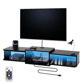 Qupui 47.2'' Wall-Mounted Floating TV Stand with LED Lighting, Modern Wooden Media Console Shelf Featuring Built-in USB Ports and Electrical Outlets. Under-TV Storage for Living Room, Bedroom