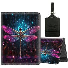 Passport Holder for Travel with Luggage Tag, PU Leather Passport Wallet with RFID Blocking for Women Men, Multi Card Slot Passport Cover Case, Red Dragonfly
