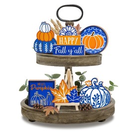 Guoofu 7 Pcs Happy Fall Y'all Chinoiserie Tiered Tray Decor, Autumn Blue and White Porcelain Pumpkin Farmhouse Wood Decorations Set, Maple Leaves Rustic Wooden Decorative Signs for Home Table Shelf