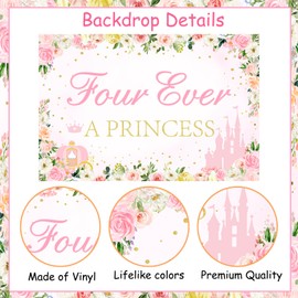 kreat4joy Four Ever a Princess Birthday Decorations Backdrop, Princess 4th Birthday Party Decorations Backdrop Banner for 4 Year Old Girl Birthday