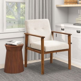 Giantex Mid Century Modern Accent Chair, Living Room Chairs with Wood Frame, Comfy Arm Chair with Linen Padded Seat, Small Reading Chair for Living Room Bedroom, Beige