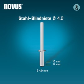 Novus Tools Steel Blind Rivets Diameter 4.0 mm, 10 mm Length, 30 Rivets, 5.0-6.5 mm Clamping Length, Ideal for Fixing and Riveting of Sheet Steel