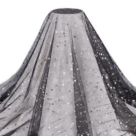 BENECREAT 3Yard/2.74M Black Sequins Star Lace Fabric, 1.5M/59" Silver Stamping Star Mesh Lace Fabric for DIY Handmade Clothing Wedding Dress Home Decor, 0.4mm Thick