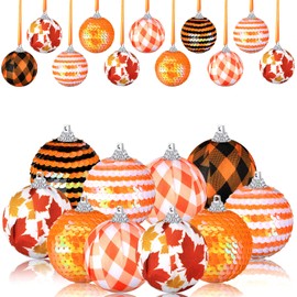 Bonuci 12 Pcs Fall Ball Ornaments for Tree Autumn Hanging Ball Decorations Glitter Orange Fabric Ball Ornament Maple Leaf Hanging Harvest Decor for Fall Thanksgiving Party