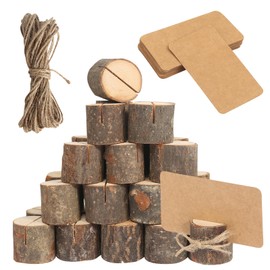 Pack of 30 Wooden Place Card Holders, Wooden Card Holder, Table Number Holder, Menu Card Holder with 30 Cards Kraft Paper and 10 m Jute Rope, Photo Holder, Wood for Weddings, Restaurants, Banquets