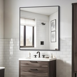 BONEWEI Bathroom Mirror,36x40 inch Wall Mirror for Bathroom Wall Mounted Black Rectangle Square Corner Mirrors, Black Bathroom Mirror for Living Room, Farmhouse, Bedroom Entryway, Horizontal/Vertical