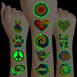 Tie dye Temporary Tattoos Birthday Themed Party Supplies Decorations Favors 8 Sheets 96PCS Colorful Decor Cute Stickers Tattoo for Class School Prizes Gift for Kids Boys (Luminous)