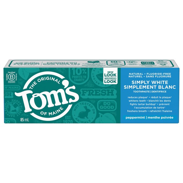 Tom's of Maine Simply White - Refreshing Peppermint - Fluoride-Free Natural Whitening Toothpaste Fights Tarter and Plaque to Whiten Teeth Naturally - 2 Pack, 85 mL