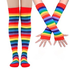 NT-ling Womens Rainbow Knee High Socks Gloves Striped Arm Warmer Sleeves Fingerless Gloves Colorful Over Knee High Socks for Girls Pride Day Parade Cosplay Costume Wedding Party (Rainbow)