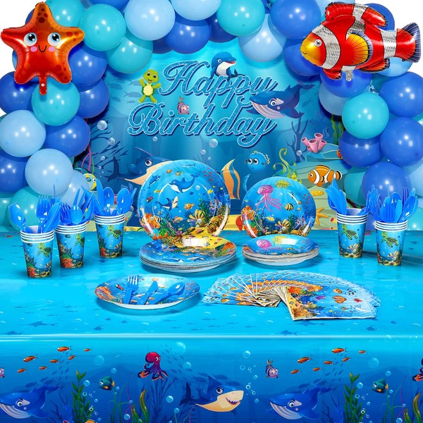 167 Pcs Ocean Sea Party Decorations Ocean Sea Party Supplies Tableware Set Paper Plates Napkins Cups Cutlery Banner Tablecloth Balloons for Beach Ocean Birthday Decorations 16 Guests