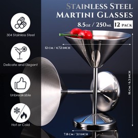 12 Pcs Stainless Steel Martini Glasses 8.5oz Shatterproof Metal Cocktail Glasses Reusable Metal Wine Glasses 18/8 Mirror Polished Surface Stemware for RV, Bar, Anniversary, Wedding, Party (Silver)