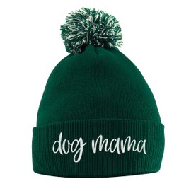 Purple Print House Dog Mama Bobble Hat, Dog Walking Accessories Birthday Gifts for Dog Mum Warm Winter Knitted Beanie Hat with Faux Fur Pom Pom for Womens Girls Mothers Day, One Size, Bottle Green