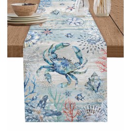 Lsrtoss Coastal Crab Table Runner 72 Inches Long Farmhouse Dress Scarves, Nautical Summer Beach Starfish Coral Vintage Dining Tablerunner for Coffee Table/Kitchen Island/Party Décor, 13" x 72"