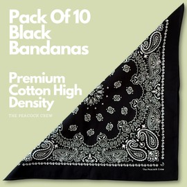 The Peacock Crew 10 Pack Black Bandanas in Premium Soft Cotton for Men and Women