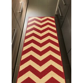 Rubber Backed 22" x 48" Rich Chevron Red & Beige Zig Zag Small Runner Non-Slip Rug - Rana Collection Kitchen Dining Living Hallway Bathroom Pet Entry Rugs RAN2060-24