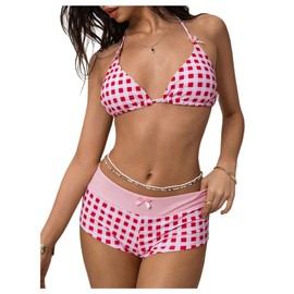 BEAUDRM Y2k - Conjunto de bikini a cuadros de 2 piezas para mujer, diseño de cuadros con pantalones cortos, traje de baño, Rosado, X-Large