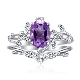 QKABTI Oval Shaped Gemstone Engagement Rings Set for Women 925 Sterling Silver 8x6 MM Amethyst Leaf Ring Unique Bridal Wedding Rings Size 6