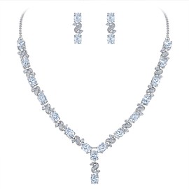EleQueen Leaf Bridal Necklace Earrings Set Cubic Zirconia Oval Shape Clear Gift for Women