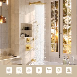 Gabrylly Shower System with Tub Spout, Bathtub Shower Faucet Set with 10-Inch Shower Head, Rain Shower Heads with Handheld Spray Combo Set, Slide Bar Shower Fixtures with Valve, Brushed Gold