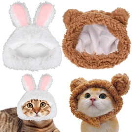 Cat Hat, 2 PCS Cat Costume Included Brown Bear and White Bunny Hat, Soft Comfortable Adjustable Dog Clothes for Kitten Puppy Dog, for Pet Owners