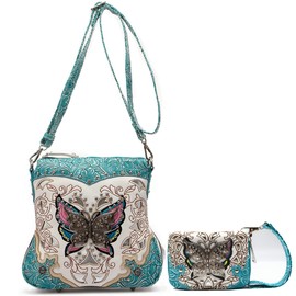 Butterfly Flower Concealed Carry Purse Women Spring Rhinestone Crossbody Handbags Single Shoulder Bag (#2 Teal Set)