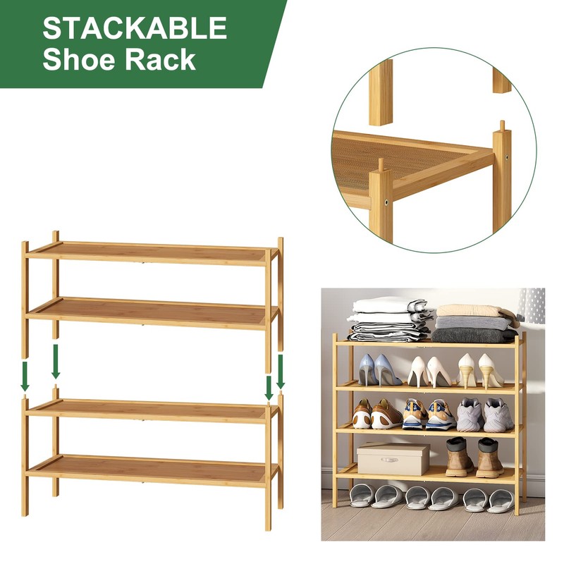 kiplant 4-Tier Shoe Rack for Entryway, Bamboo Wood Shoe Rack